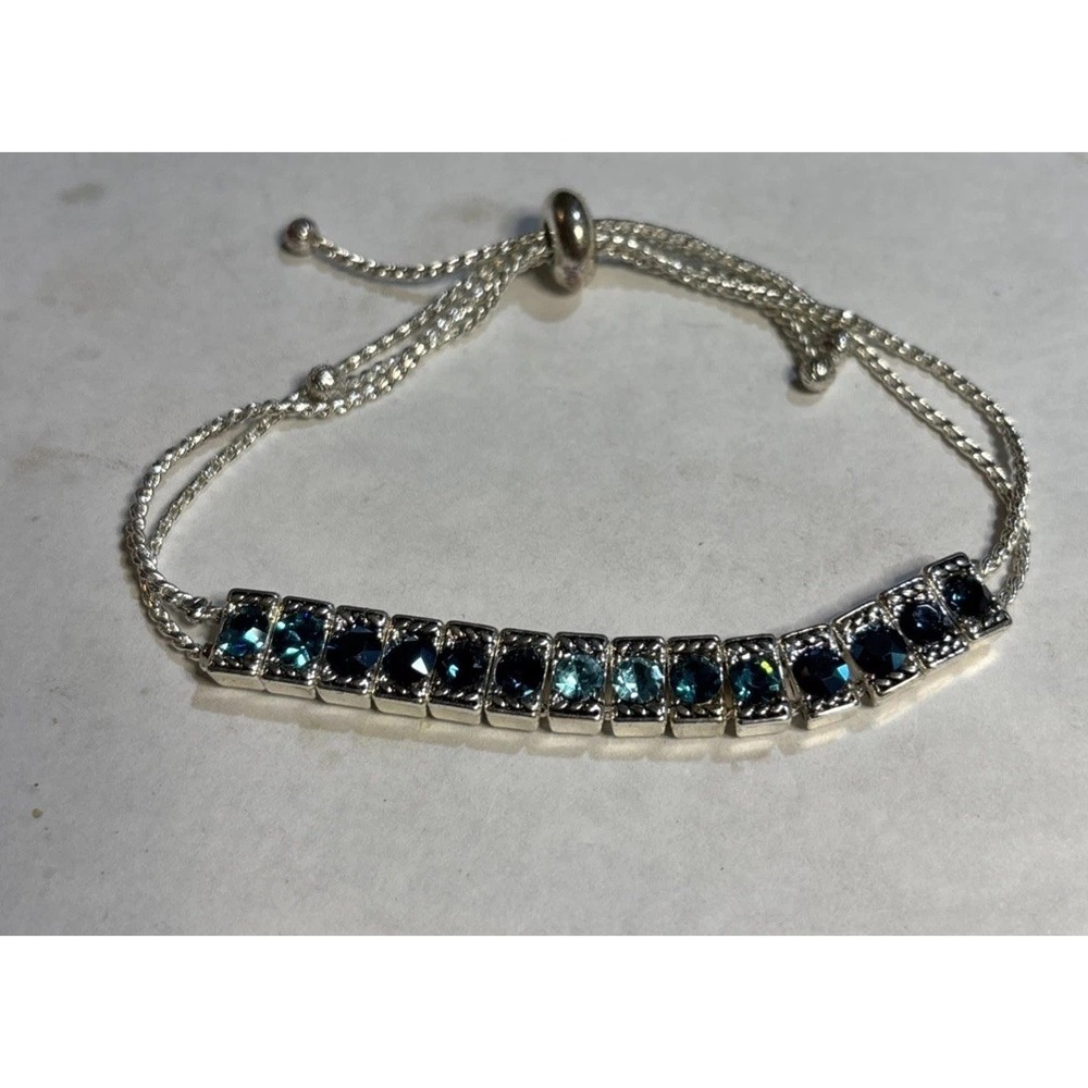 Napier Blue Aqua Crystal Silver Tone Multichain Adjustable Bolo Bracelet